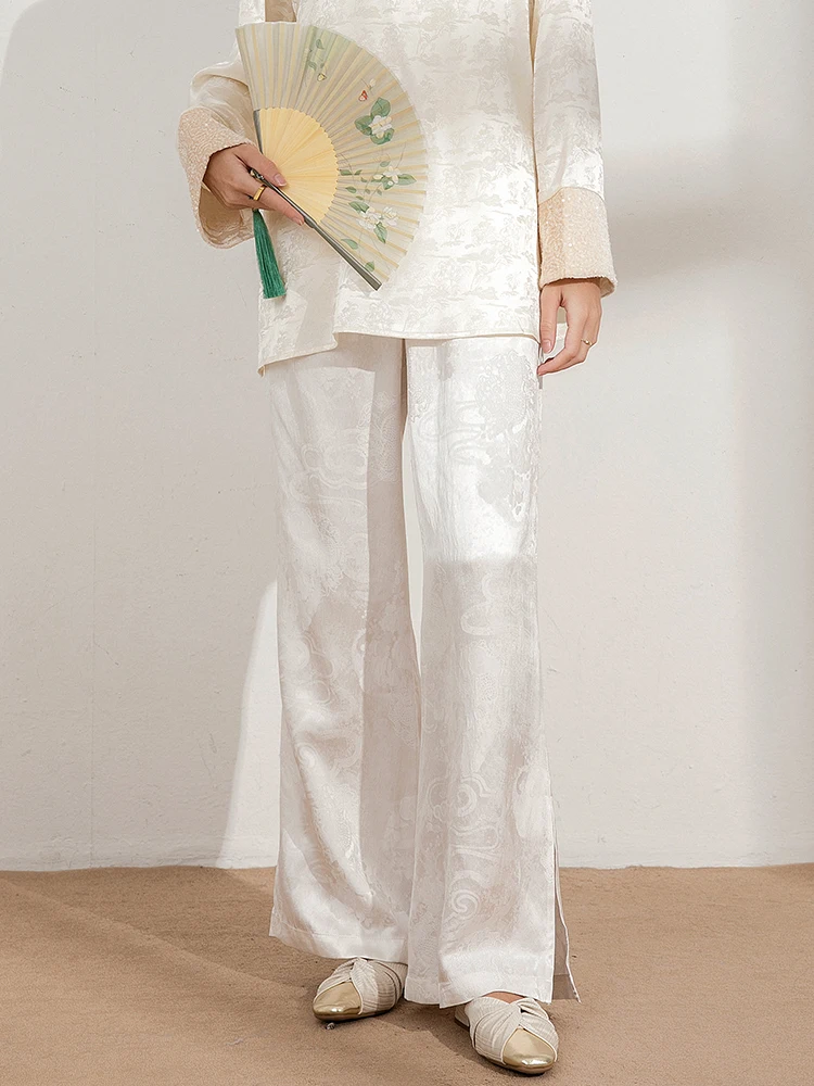 

Новые китайские широкие брюки в национальном стиле, повседневные, из шелкового атласа, с вышивкой, длинные, свободные, удобные в носке