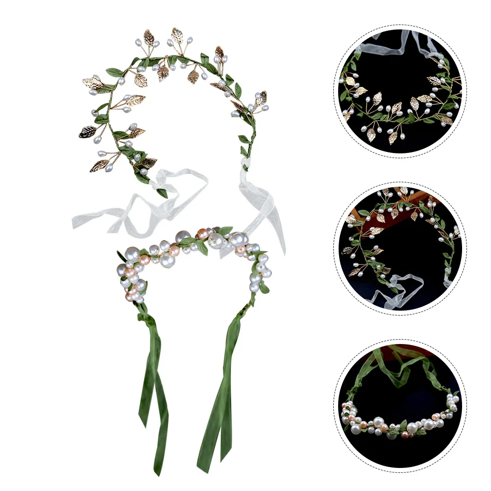 

2pcs Green Leaf Pearl Headband Hair Accessories Lightweight Pearl Crown For Party Prom Birthday Decorative Headpiece