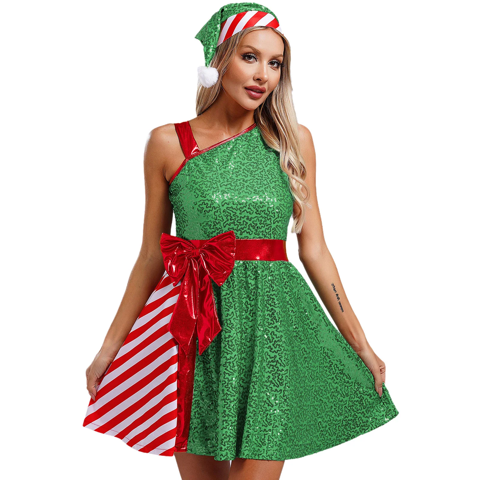 Women Christmas Costume Santa Claus Cosplay Unifrom Costume Sequins Stripes Dress with Classic Hat Set Festival Carnival Dressup