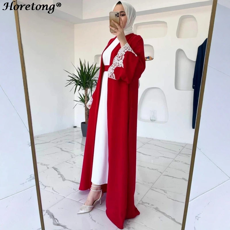 Lace Applique Cuff Two Piece Muslim Abaya Set 2026 Classic Red Open Front Belted Robe Sleeveless Tank Dress Modest Ramadan Eid