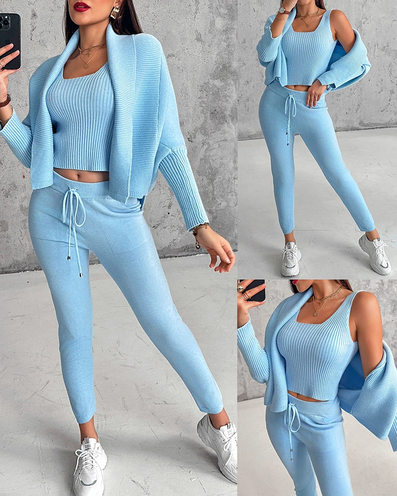 3PCS Batwing Sleeve Cardigan With Asymmetrical Neck Tank Top & Stretchy Waist Pants Set