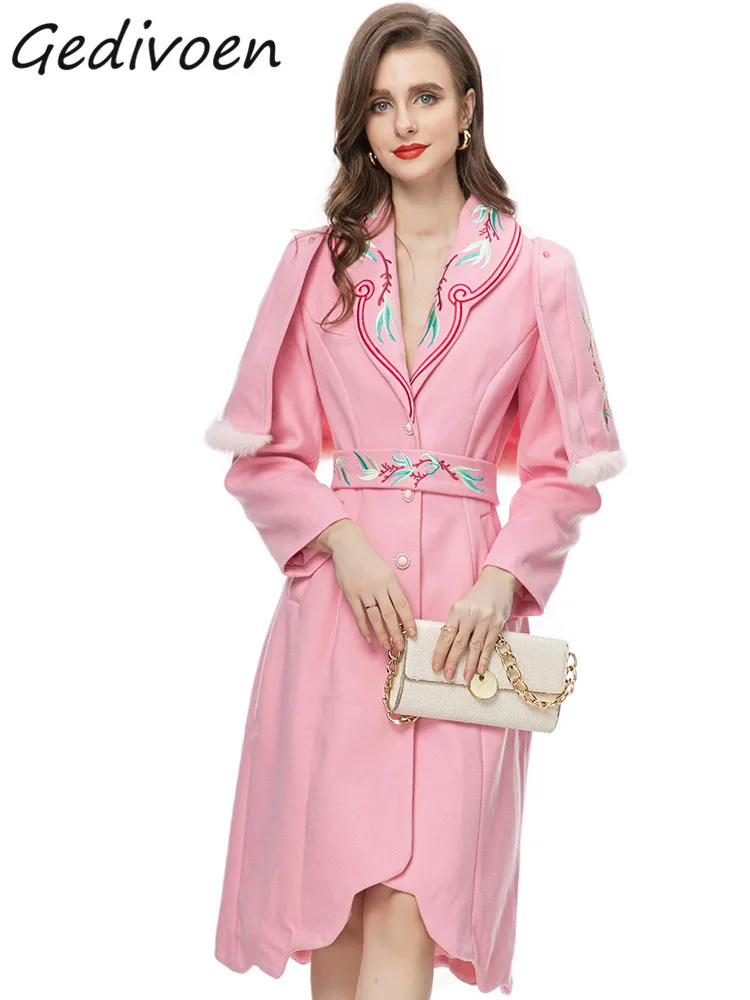

Gedivoen Winter Fashion Designer Pink Vintage Party Dress Women's Lapel Shawl Embroidery Frenulum Pockets Button Slim Midi Dress