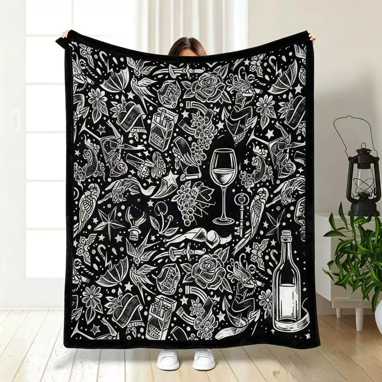 Vintage Old School Tattoo Print Throw Blanket Black White Retro Camera Tape Pattern DIY blanket for Sofa Bed Decor