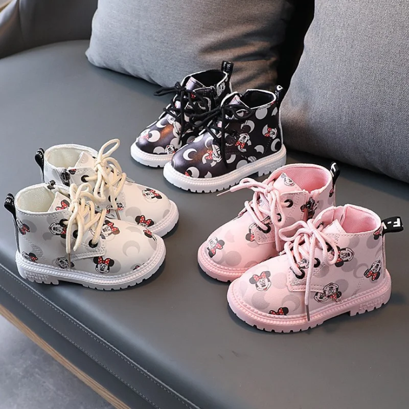 Disney Children's Boots Autumn Minnie Cartoon Print Ankle Boot for Girls Soft Sole Outdoor Shoes Size Zipper Boots Sport Shoes