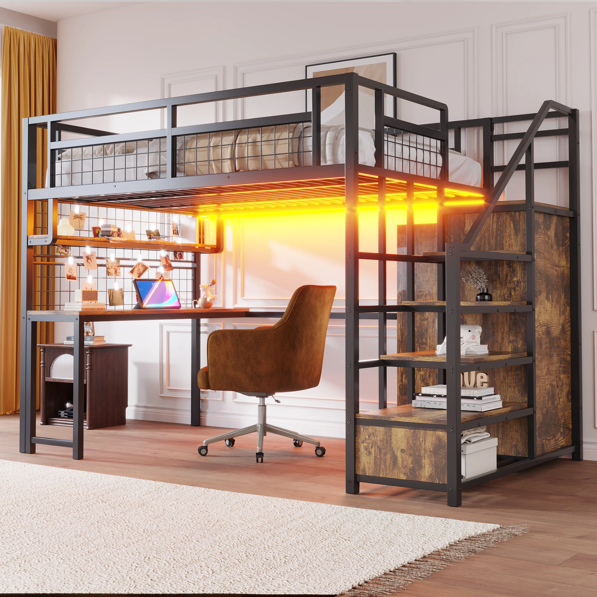 Hochbett 90x200cm mit Eisenrahmen, Schreibtisch, LED-Leiste, USB-Anschluss und Ladebox, Stauraum und einfacher Kleiderschrank, Schreibtisch und Gitterregal
