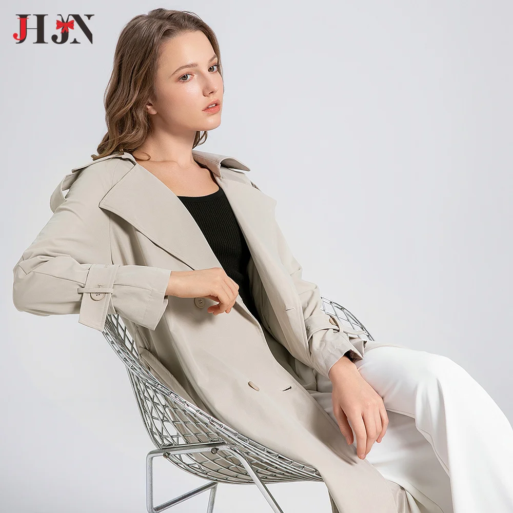 JHJN-Trench-coat beige pour femme avec ceinture, coupe-vent, double boutonnage, long, grand col rabattu, chaud, manteau de bureau pour femme