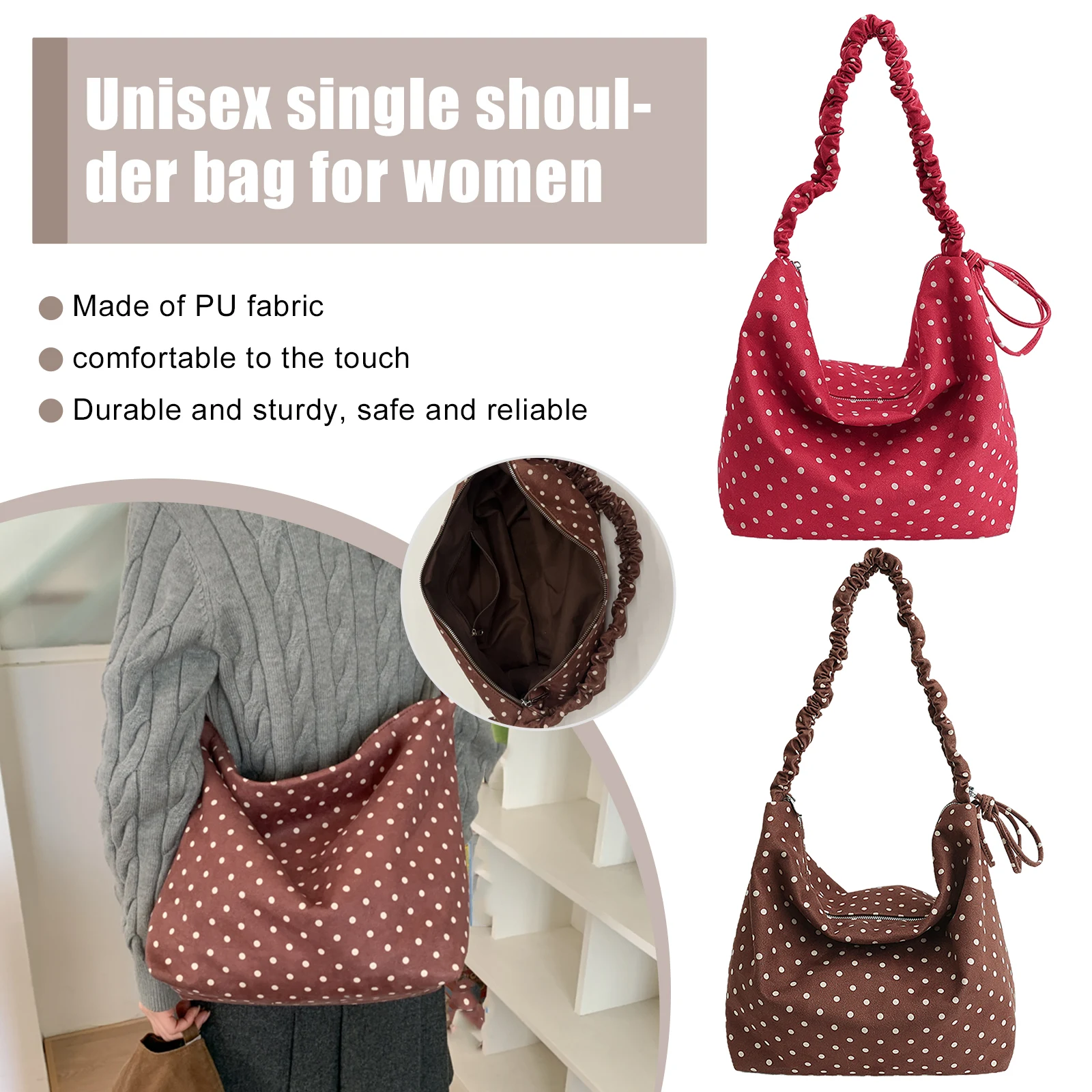 

Women Nylon Polka Dot Fashion Shoulder Handbag with Zipper Versatile Underarm Tote Bag for Travel Dating Work Commuting