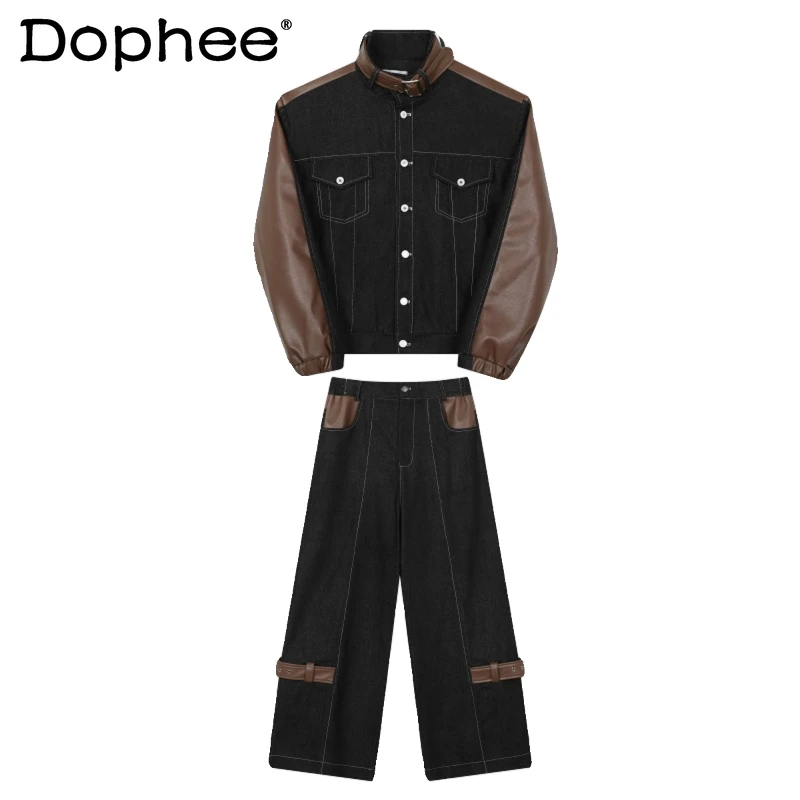 

Мужские осенне-зимние новые утолщенные джинсовые комплекты 2021, куртки с воротником-стойкой из искусственной кожи, широкие джинсовые брюки, модные комплекты из двух предметов