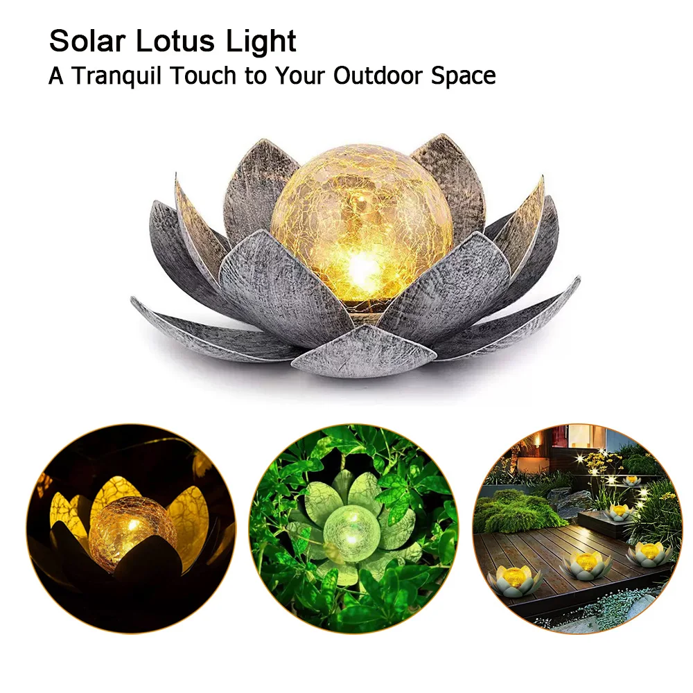 Solar Lotus Garden LED Light | Crackle Glass Meditation Lamp | Outdoor Waterproof Decorative Lamp for Lawn, Steps,Yard