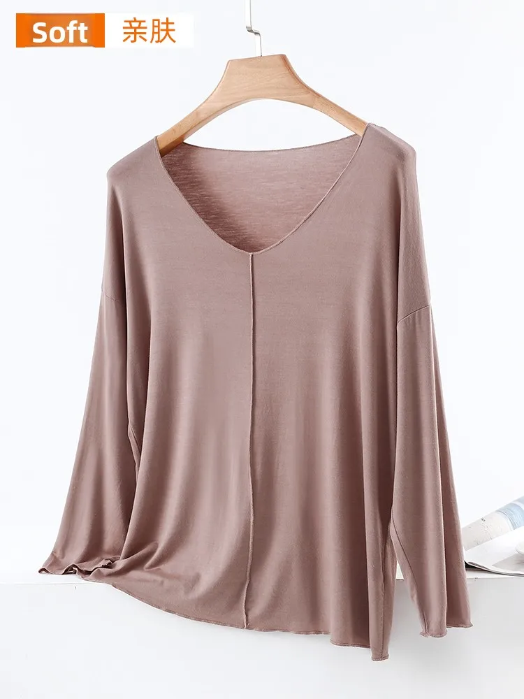 Afslankeffect Pure Color Modal Long Sve T-shirt Dames Herfst Dunne losse basis irt Casual plus size top