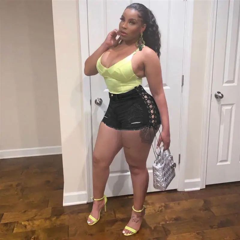High Waist Denim Shorts Women's Ripped Jeans Side Chicken Eye Bandage Hot Pants Straight Leg Summer Fashion Ladies' Shorts