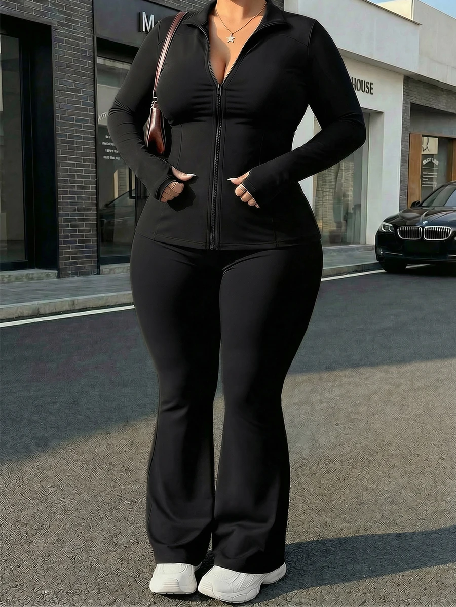 

Plus Size Women Solid Color Long Sleeve Zip Up Top And Flared Pants Slim Fit Sportswear Set