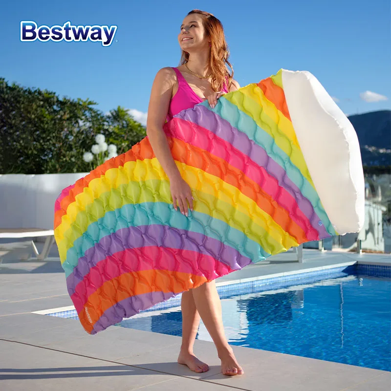 Bestway 44107 1PC Rainbow Dreams Floating Mat, Pool Floating Mat, Inflatable Pool Floating Lounge Chair with Cloud Headrest