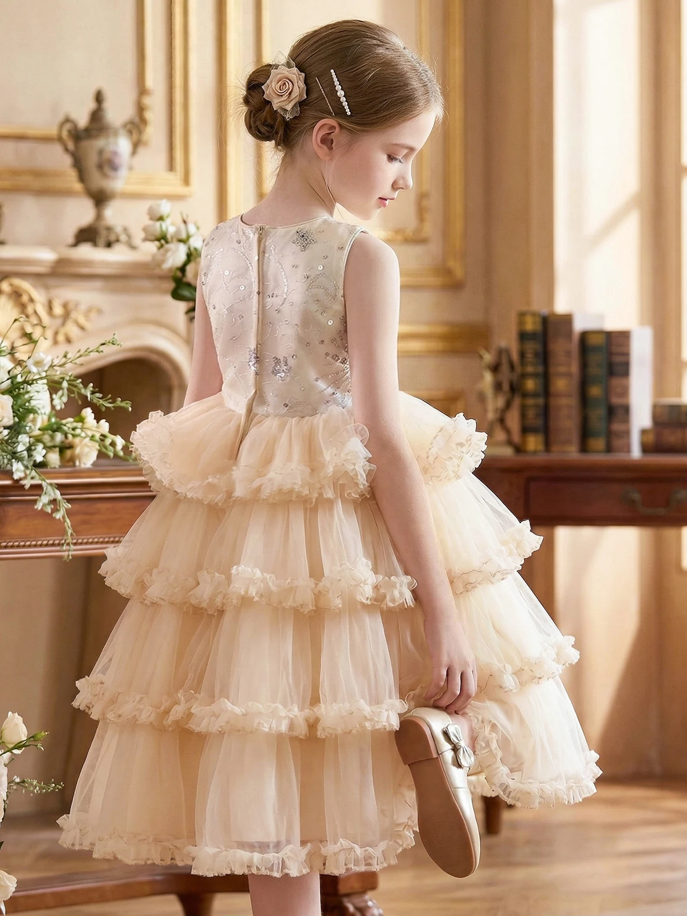 Tween Girls Elegant Champagne Party Dress with Embroidered Sequins Long Flowing Layered Dress with Ruffled Netting Cake Skirt