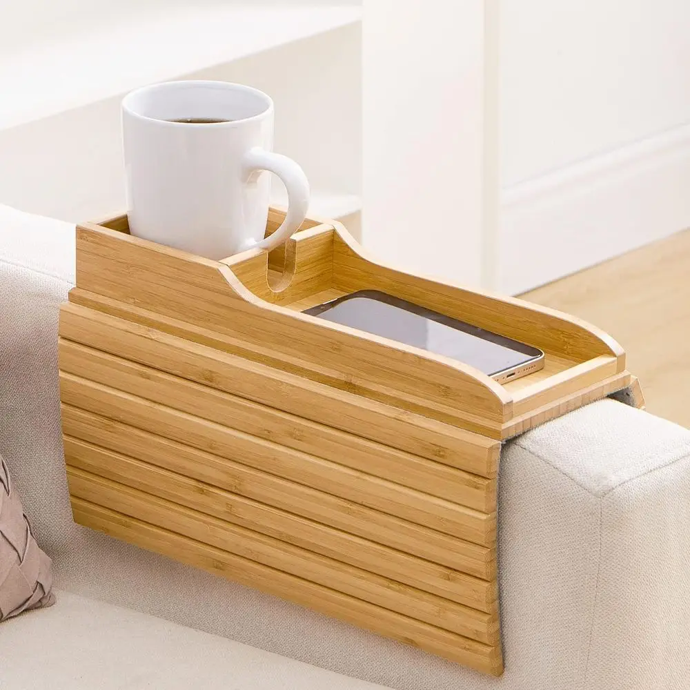 

Sturdy Bamboo Couch Armrest Holder - Safe, Portable Tray for Drinks, Snacks, and Remote Control