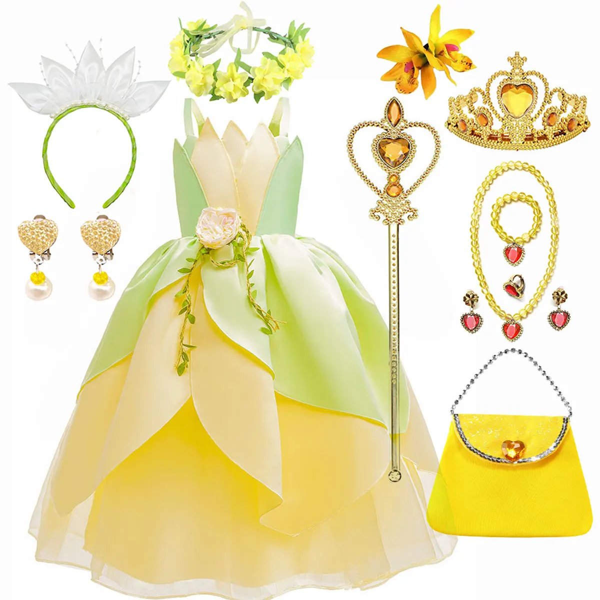 

Disney Halloween Fairy Tiana Princess and the Frog Role Play Dress for Girls Fancy Illuminating Costume Carnival Yellow Gown