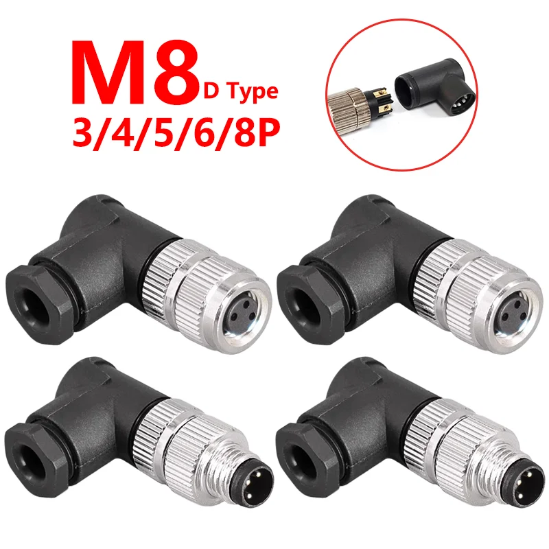 

5 PCS M8 ELBOW Sensor Connector 3/4/5/6/8 Pin Male&Female Waterproof Aviation Plug&Socket D Type Screw Lock