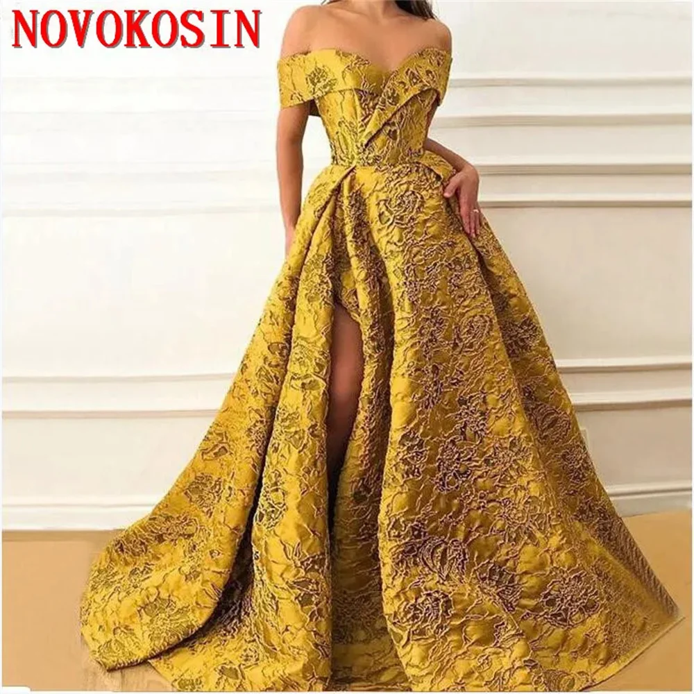 Customize 3 Color Embossing Floral Long Evening Party Dresses Elegant Off Shoulder Front High Slit Saudi Arabia Gold Formal Gown