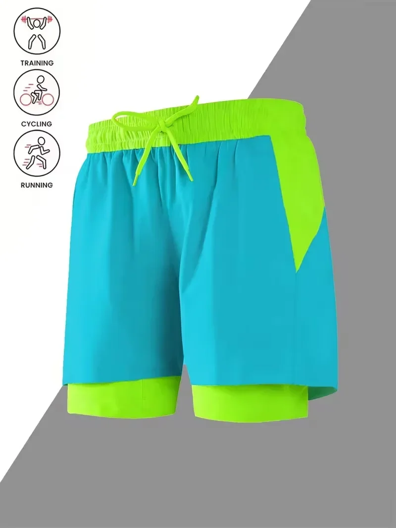 Herren-Badeshorts mit doppelter Schicht, schnell trocknend, Kompressions-Innenfutter, Boardshorts, Sommer-Surf-Strandshorts, Sport-Badeanzug mit Kordelzug – Detail 3