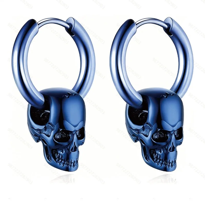زوج من الأقراط المعلقة بتصميم جمجمة زرقاء للرجال، هدية إبداعية من النحاس للهالوين، على الطراز القوطي العصري للنساء اليومي