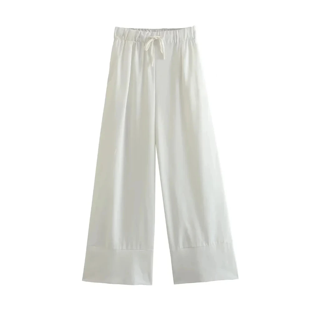 Women Fashion Side Pockets Linen Wide Leg Pants Vintage High Elastic Waist With Drawstrings Female Trousers Mujer