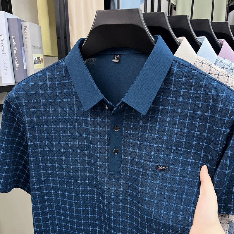 Herren Kurzarm-Poloshirts mit Diamant-Jacquardmuster, klassische Passform, lässige Oberteile, weiche, bequeme, modische Hemden für Männer – Detail 8