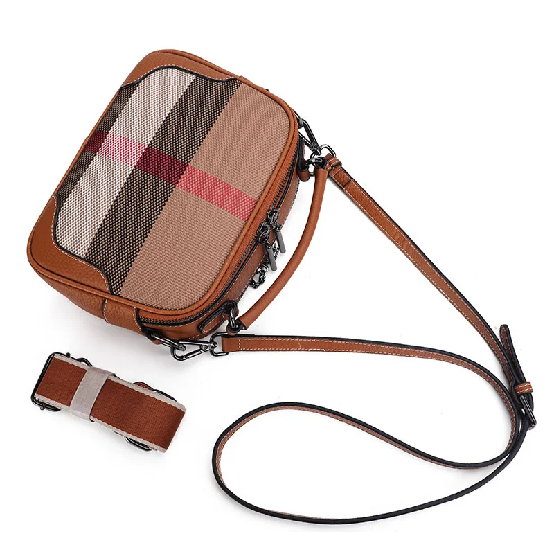 Fashion Ladies Crossbody Bag Classic Plaid Canvas With Genuine Leather Luxury Shoulder Bag Women\'s Casual Messenger Bag