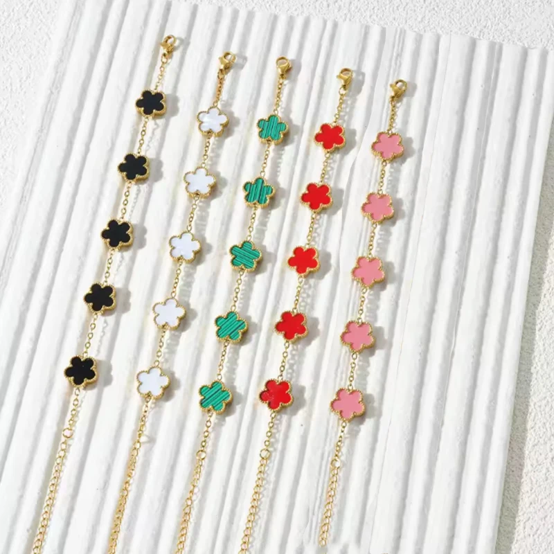 Adjustable Stainless Steel New Plant Clover Bracelet for Women, Hot Sale Five Leaf Flower Shell Acrylic Bracelet Fashion Jewelry