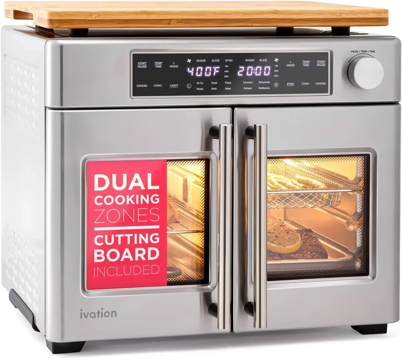 Dual Zone Air Fryer French Door Oven  32 Qt Convection Toaster Combo  10-in-1 Up to 450°  1800W  Temperature C