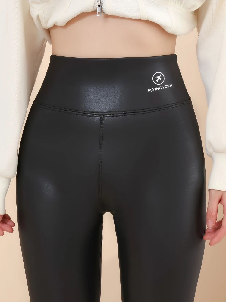 New Autumn Winter Women High Waist Thickened Fleece-lined Leggings Tights Stretch Soft Sexy Slim Pu Leather Chic Pencil Pants