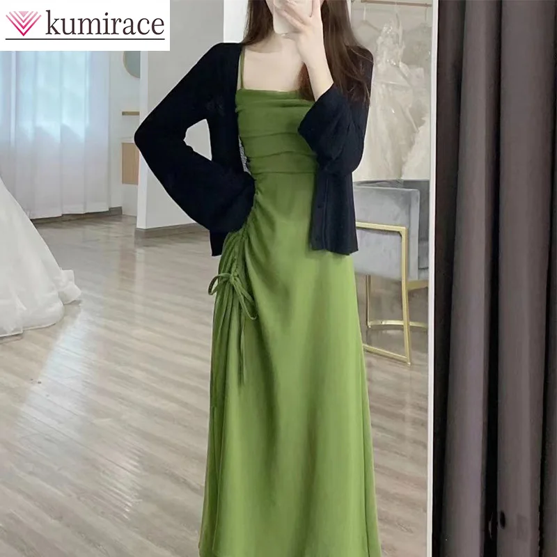 Ice Silk Sunscreen Coat Skirt Set for Slimming and Meat Covering, Light Cooked Green Dress, Sunscreen Shirt Two Piece Set