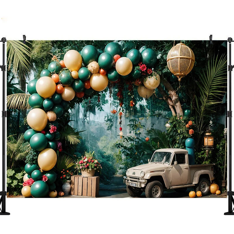 LS Photography Background Jungle Arch Balloon Tent Decor Cake Smash Birthday Party Kids Portrait Backdrop Photo Studio