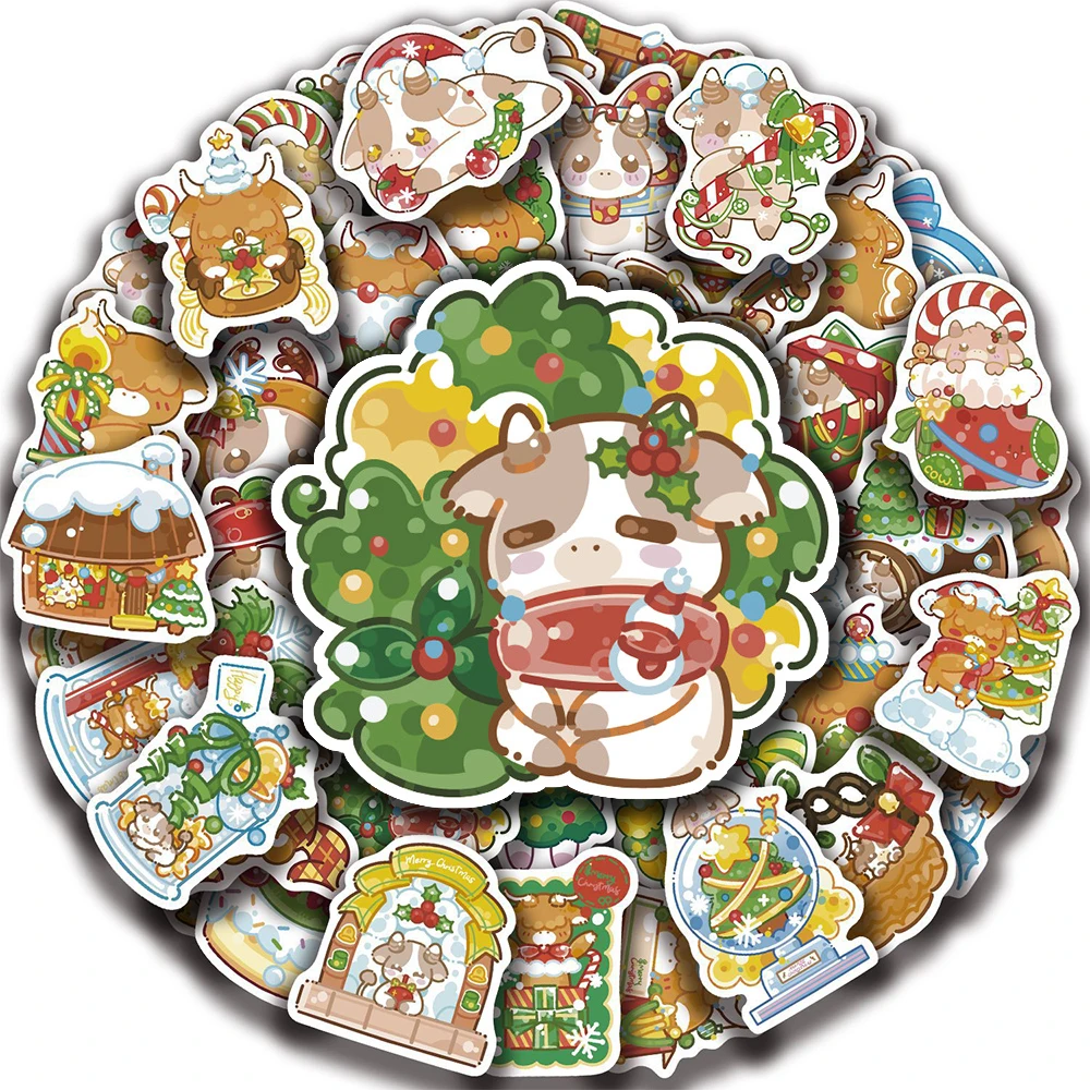 10/30/50pcs Funny Christmas Little Cow Stickers Kawaii Animal Cattle Decals Scrapbook Luggage Phone Creative Sticker Decoration
