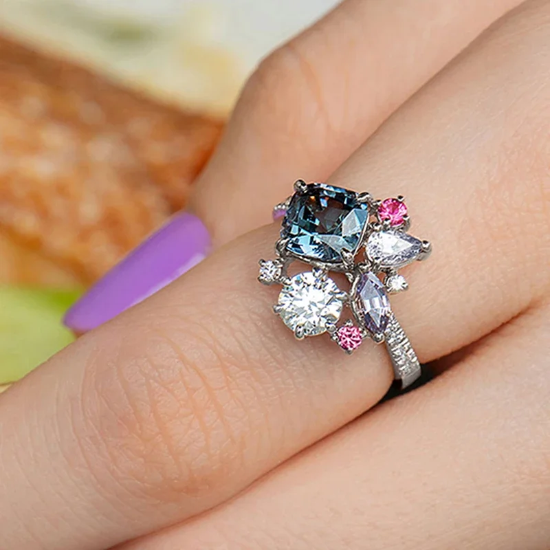 Geometric Colored Cubic Zirconia Rings for Women Luxury Bridal Wedding Band Accessories Fashion Design Statement Jewelry