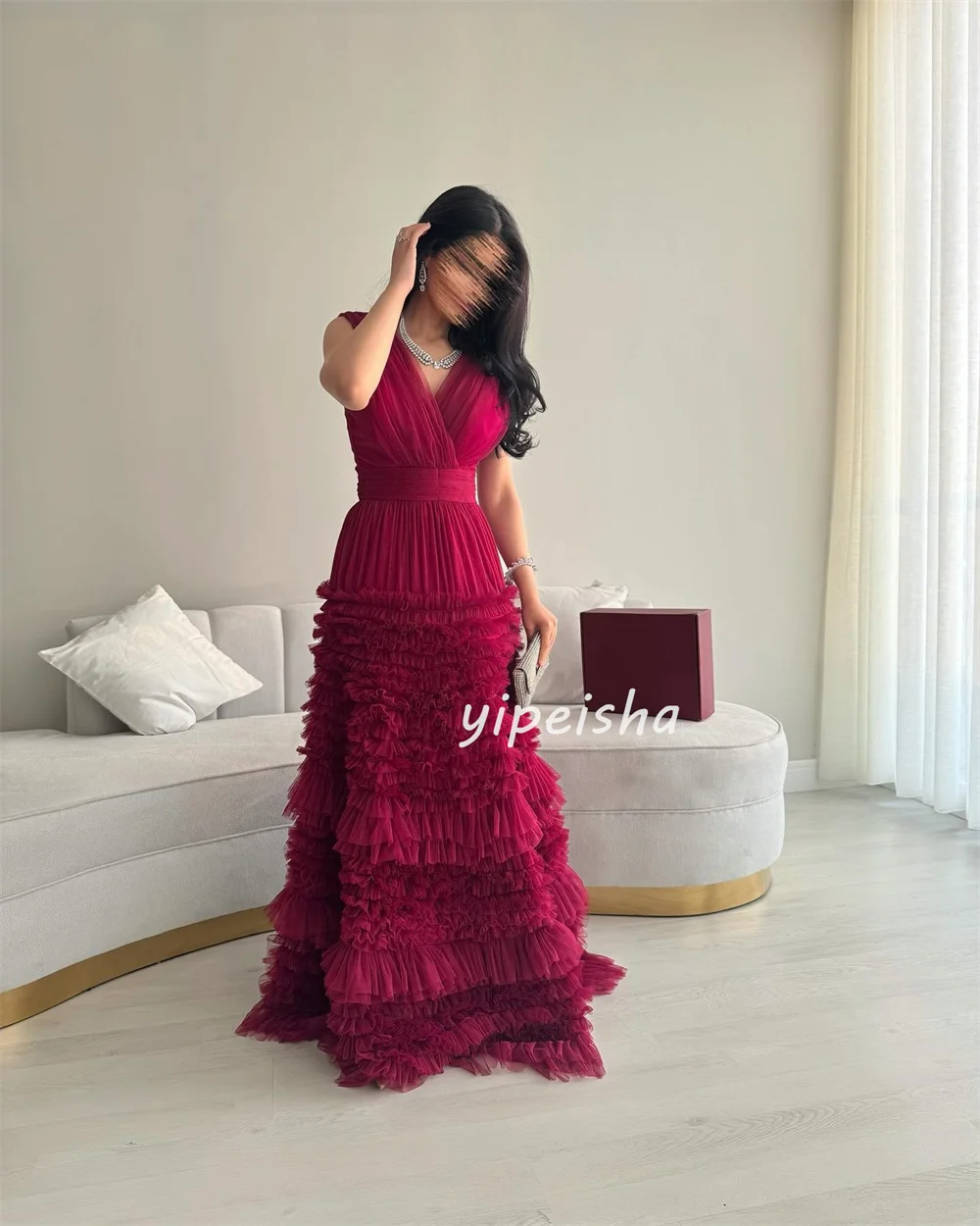 Customized Fashion Classic Tulle Pleat Ruched Tiered A-line V-neck Long Dresses Bespoke Occasion Dresses Matching Exquisite