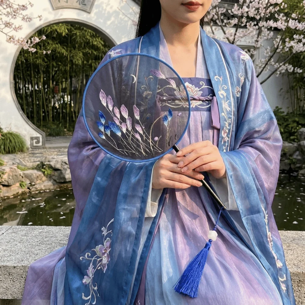 Wooden Handle Double Sided Embroidery Fan Flower Pattern Handheld Embroidered Silk Fan with Tassel Ancient Style Round Fan