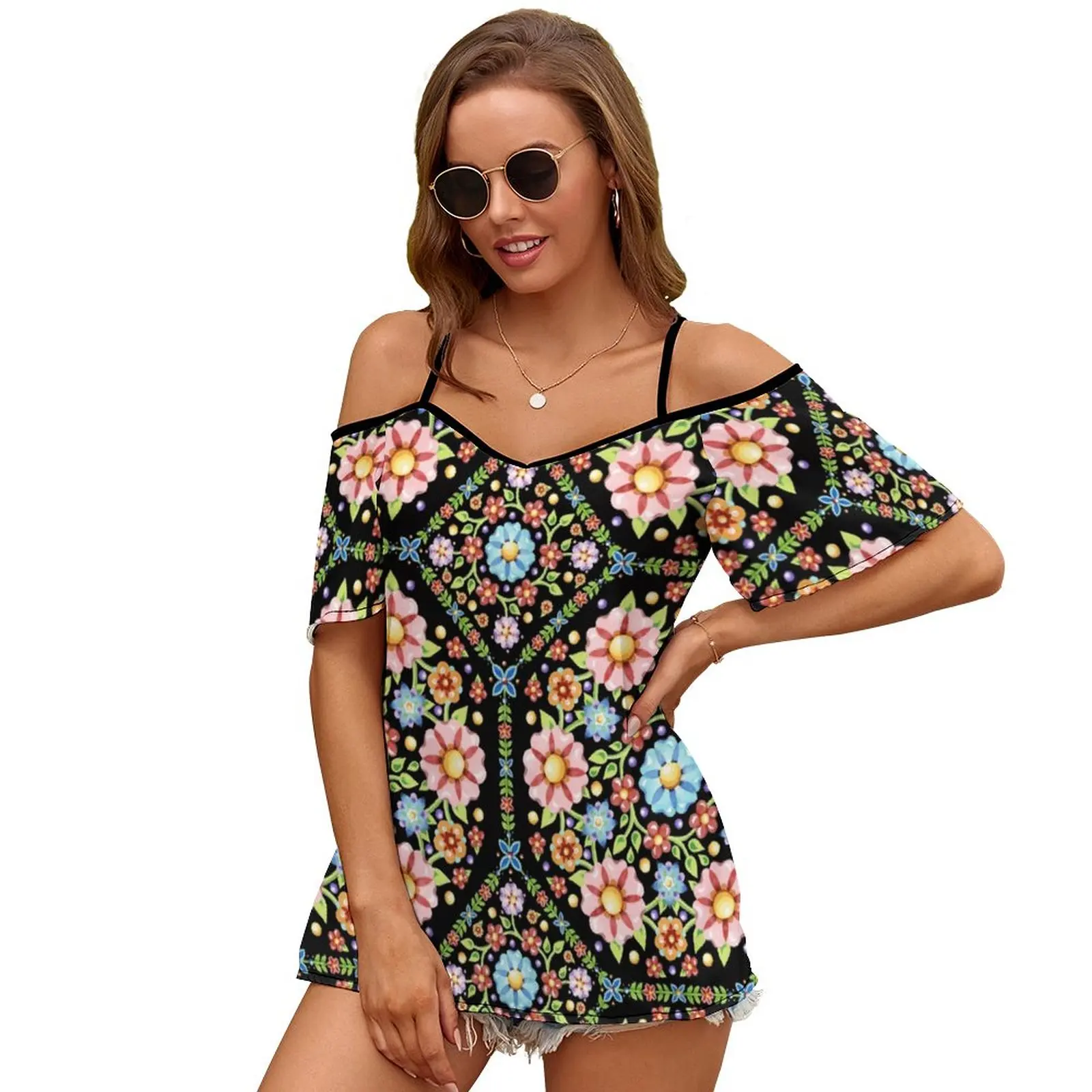 Millefiori Floral Flower Crown Print O-Neck Off-The-Shoulder Top Short-Sleeved T-Shirt Ladies Streetwear Bohemian Folkloric