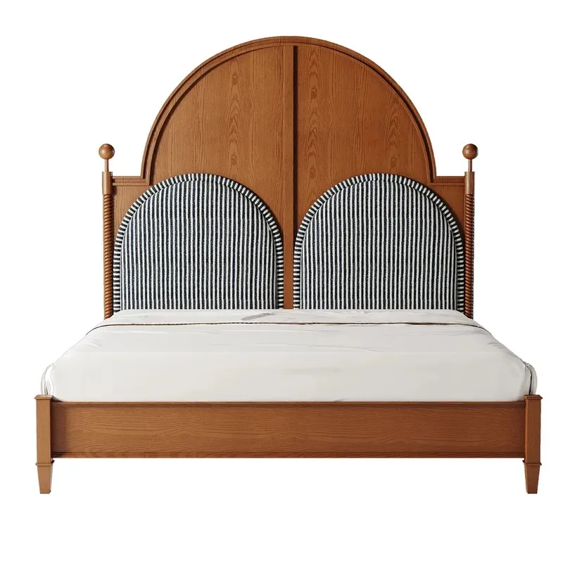 Custom Size King Bed Mid Century Modern Design Solid Pine Frame Fabric Headboard Eco Friendly Soft Bedroom Furniture