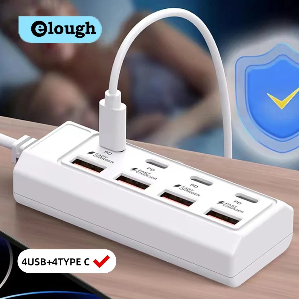 25W Fast Charging Power Outlet Adapter 4USB+4Type C Charger Socket 8-in-1 USB Converter Socket Expansion Dock