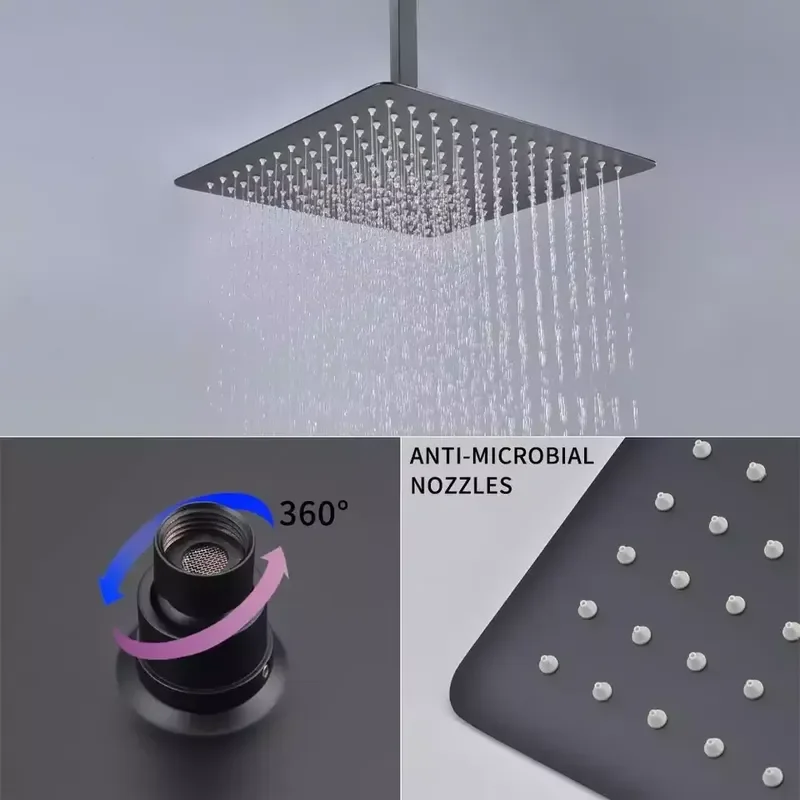 For 12-Inch Dual Handle Matte Black Thermostatic Contemporary Bathroom Shower Set System Wall-Mounted Square Shower Head