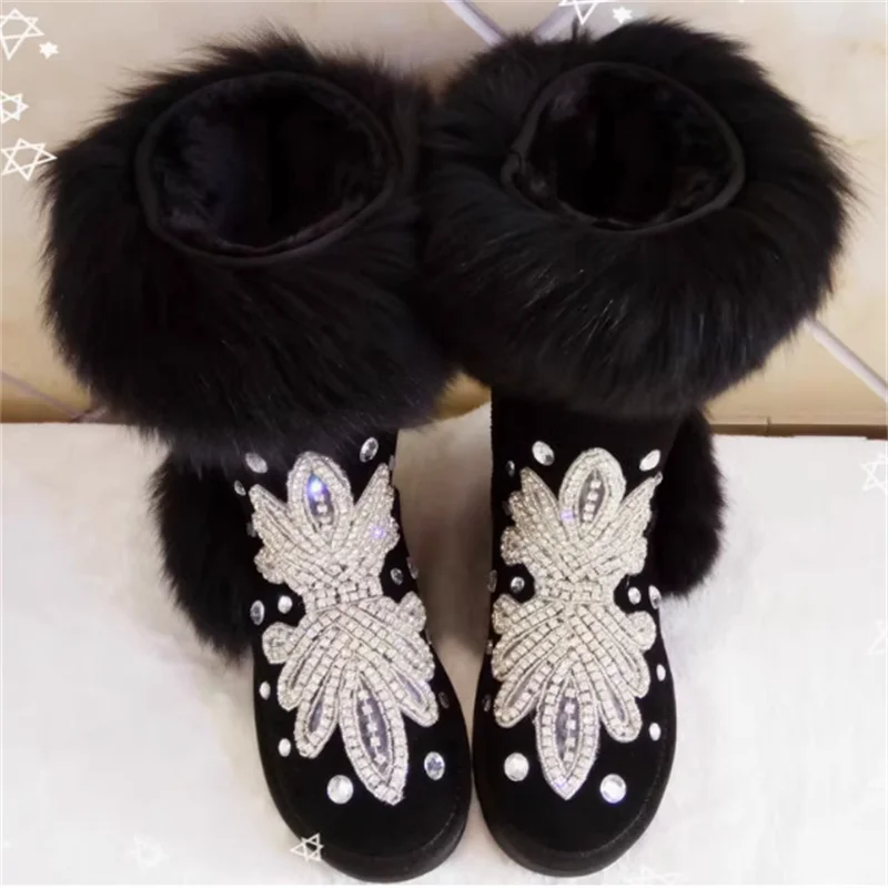 Hand sewn rhine-drill fox fur one snow boots heavy heavy black midtube thickened comfortable women's cotton shoes 34-41