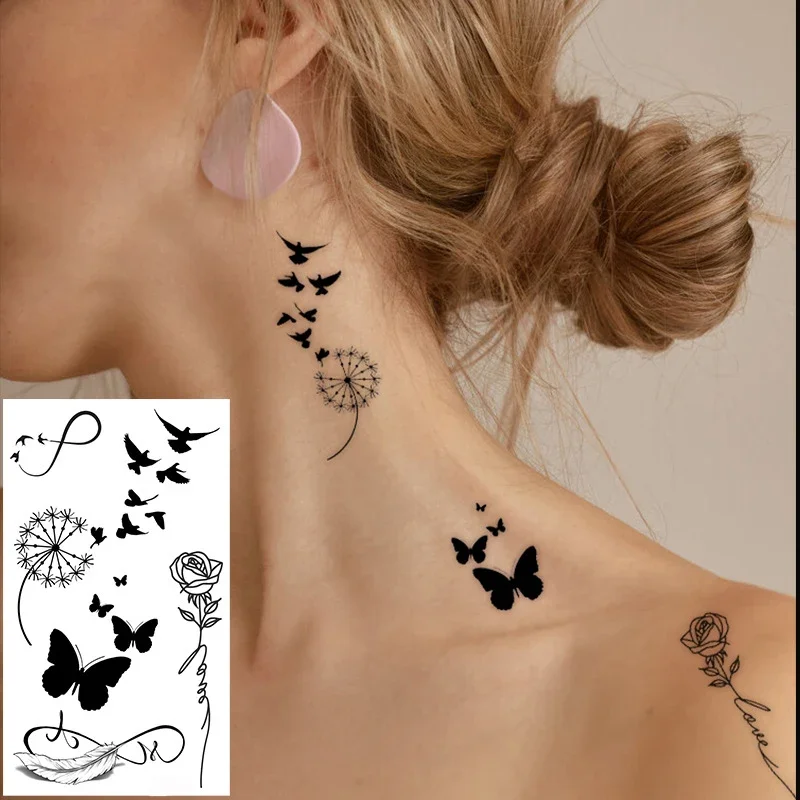 Tattoo Stickers Butterfly Rose Bird Feather Dandelion Pattern Fake Tatoo for Women Men Makeup Hand Temporary Waterproof Body Art