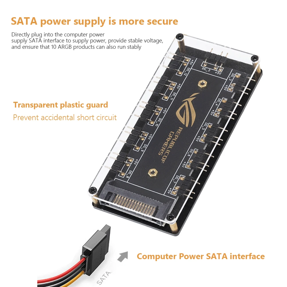 Adaptador LED Strip Light para PC, Hub Splitter, SATA Power, Fan Cooler, ARGB, RGBW, ASUS, AURA SYNC, RGB 10, 5V, 3 pinos