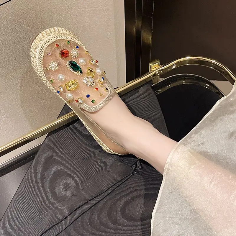 

Women Mesh Slip on Shoes 2026 Spring Summer New Half Open Toe Flats with Rhinestones Fisherman Loafers