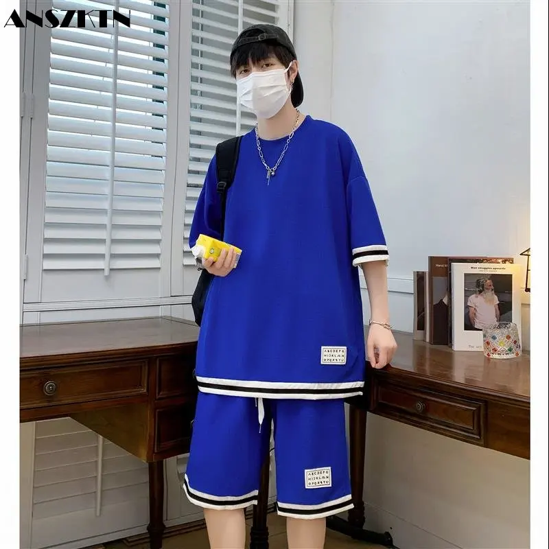 ANZKTN Summer men's explosive casual striped patchwork short sleeve with plus-size sports T-shirt suit