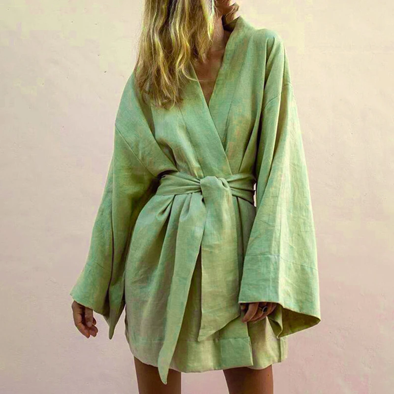 Women's Cozy Long-Sleeve Nightgown Breathable Fabric Soft Solid Color V-Neck Sleepdress With Belt Comfortable For Sleepwear Pjs