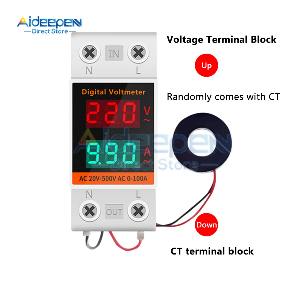 AC 60-500V 0.00-99.9A 35mm Din Rail Voltmeter Ammeter 2 in 1 Multi-function AC Voltmeter Voltage Amps Meter With Transformer