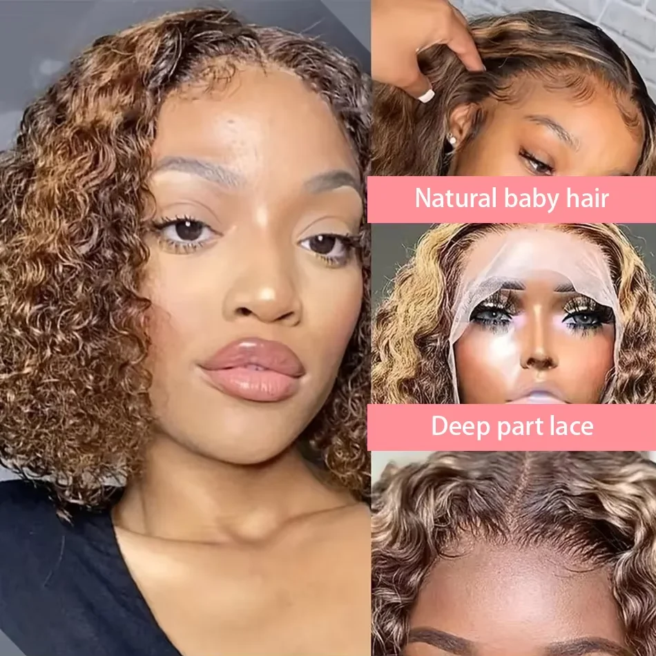 Highlight Lockige Bob 13x4 Spitze Frontal Perücke Brasilianische Ombre Braun Tiefe Wasser Welle Kurze Bob Spitze Front menschliches Haar Perücken Für Frauen