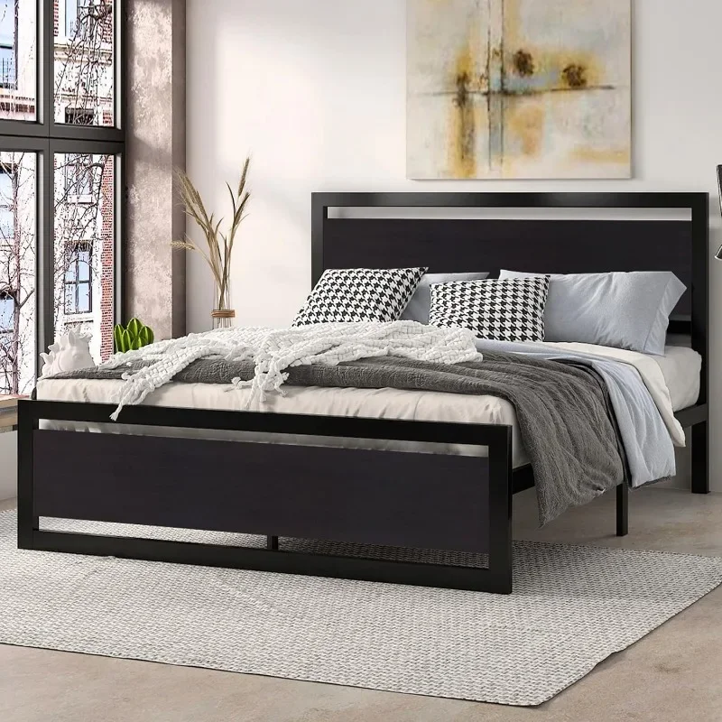 ZHENXIANG Cama Quadro com Cabeceira De Madeira Moderna, Plataforma Resistente, Cama De Metal, Estribo Quadrado e Ripas De Metal