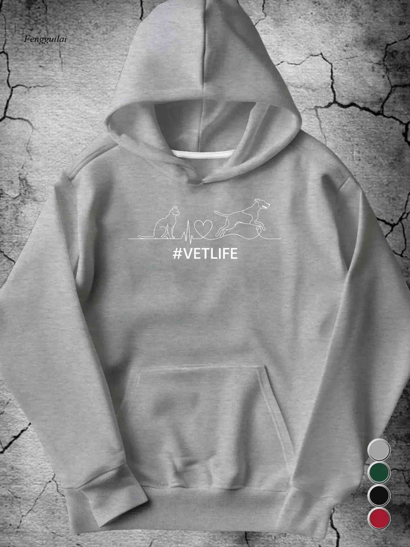 Vetlife Vet-Themed Hoodie with Cat & Dog Heartbeat Line Art & #Vetlife Logo - Grey Loose-Fit Hooded Sweatshirt